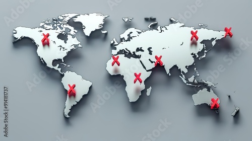 A 3D clip art of the world map with red X marks over countries