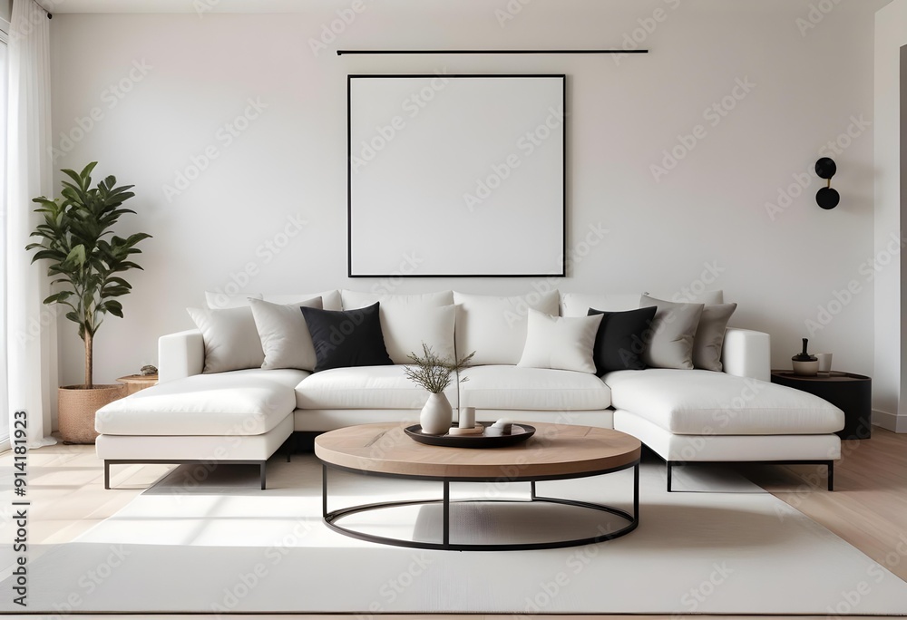 A modern and minimalist living room with a large white sectional sofa, a round wooden coffee table, and two canvas with a black frame on the wall neutral tones A modern and minimalist living room with a large white sectional sofa, a round wooden coffee table, and two canvas with a black frame on the wall neutral tones