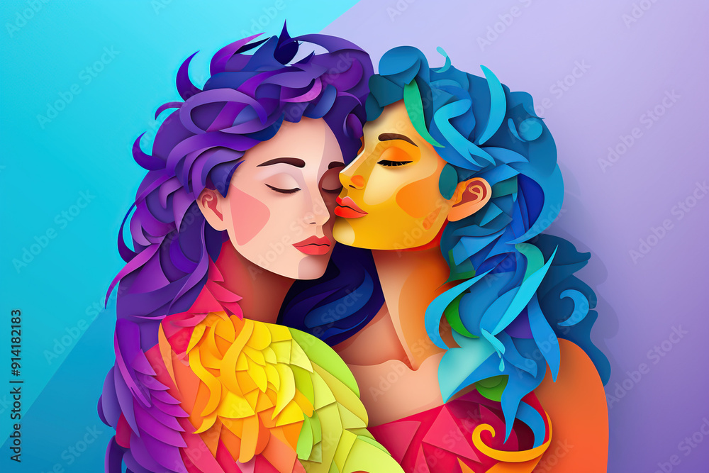 Obraz premium Lesbian Couple Hugging in Colorful Illustration