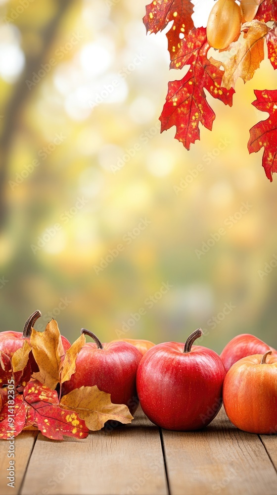 Red apples and orange pumpkins are arranged on a rustic wooden table with vibrant autumn leaves, showcasing a serene fall atmosphere Red apples and orange pumpkins are arranged on a rustic wooden table with vibrant autumn leaves, showcasing a serene fall atmosphere