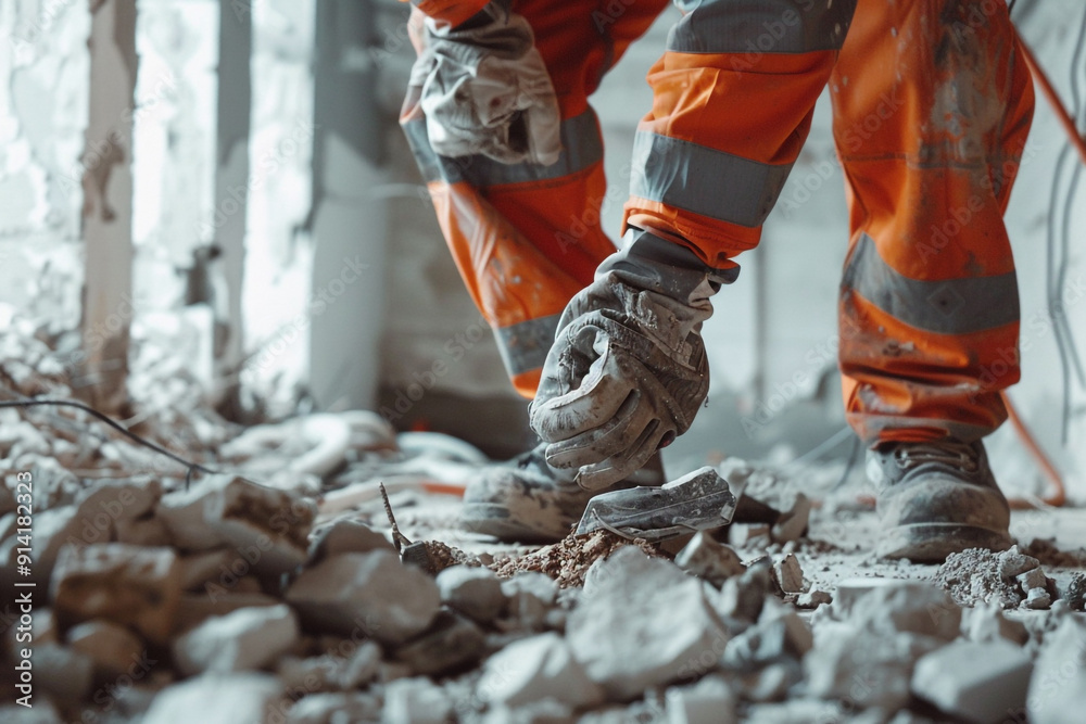 A man in an orange jumpsuit is working on a construction site doing demolition work. A man in an orange jumpsuit is working on a construction site doing demolition work.