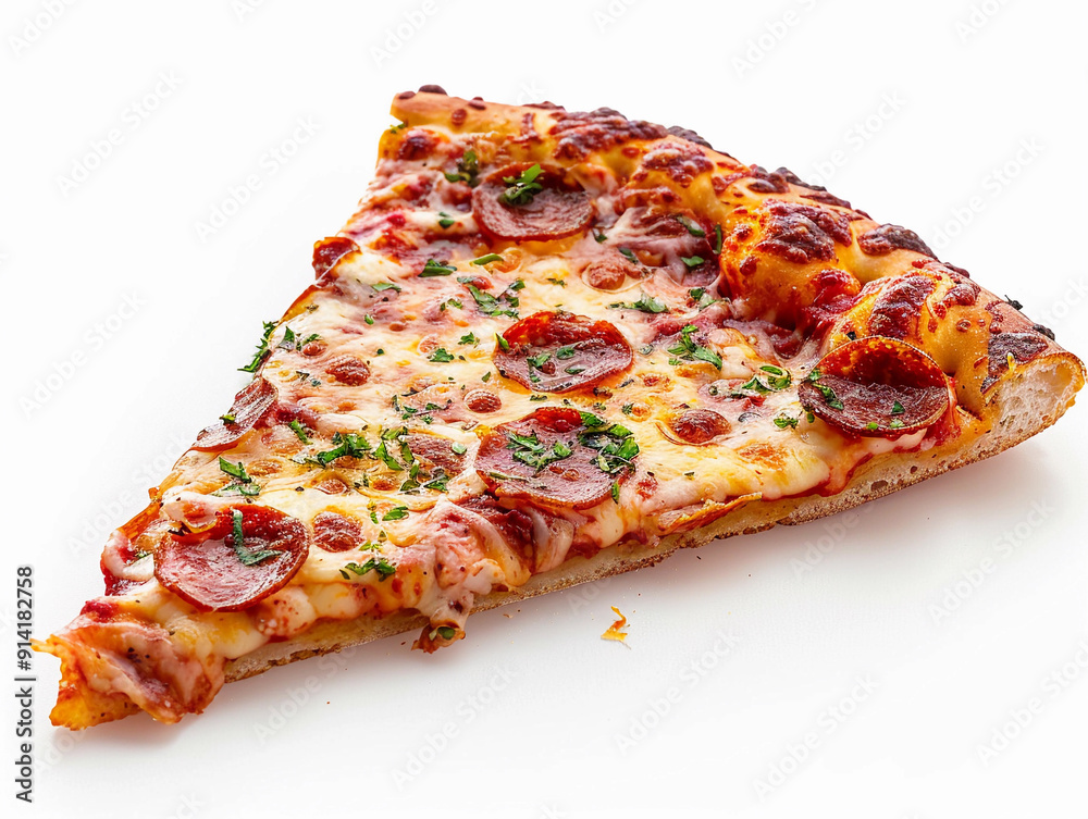 Delicious Pepperoni Pizza Slice With Melted Cheese and Fresh Herbs on White Background