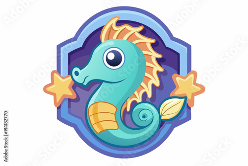 Cartoon seahorse with stars inside a blue frame