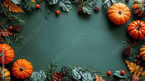 Scary pumpkins and autumn decor and Halloween decorations framing the edges on simple slean green background. in top view. 