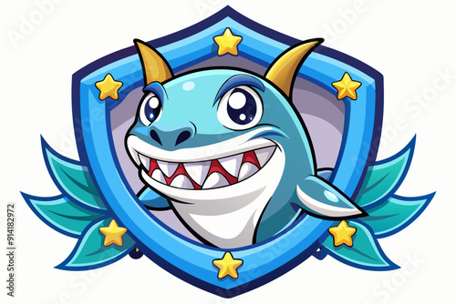 Smiling Blue Shark Cartoon Character in a Shield with Stars