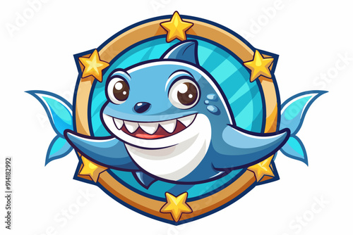 Cartoon Smiling Blue Shark With Wings In A Golden Frame With Yellow Stars