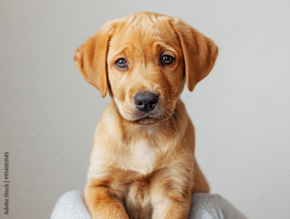 Adorable Young Labrador Puppy Sitting on a Soft Surface in a Bright Room Adorable Young Labrador Puppy Sitting on a Soft Surface in a Bright Room