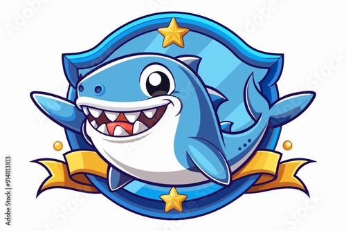 Cheerful Blue Shark Cartoon Mascot with Star and Ribbon