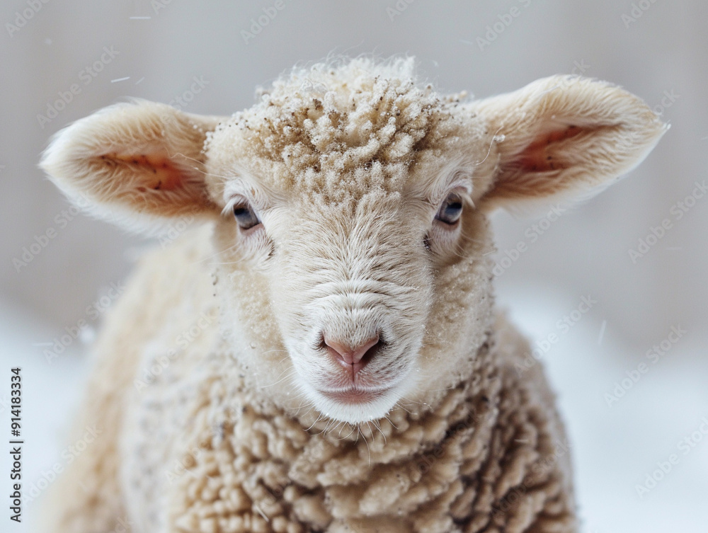Adorable Lamb Standing on Snowy Ground in Winter Landscape Under Soft Light Adorable Lamb Standing on Snowy Ground in Winter Landscape Under Soft Light