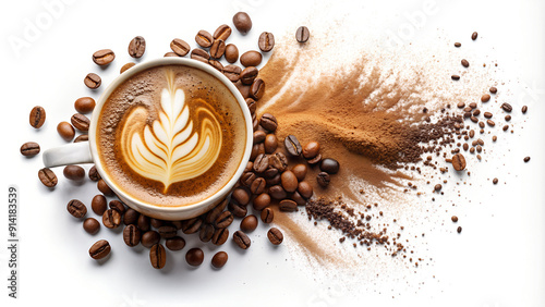 Coffee Mug and Grinded Coffee Beans Concept Photography Isolated on White Background photo