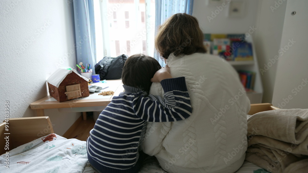 Elderly woman and young grandson sitting on a bed, boy's arm around grandmother as he listents to a story. Cozy room with light blue curtains, small desk, books, and toys, emphasizing family bonding