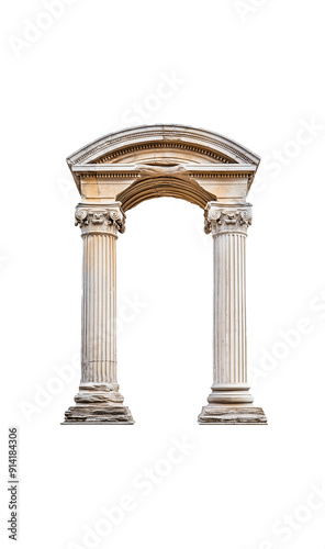 Medieval arched columns with intricate design. Ancient pillar isolated on transparent PNG background. Historical Roman and Greek columns. Antique relics from ancient civilizations.