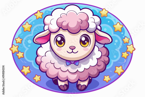 Cute Cartoon Sheep with Pink Fur and Big Eyes in a Starry Sky