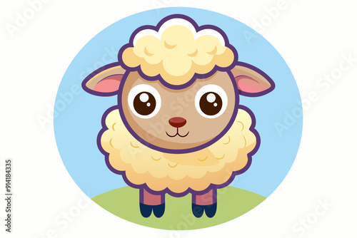 Cute Cartoon Sheep with Big Eyes Standing on Grass