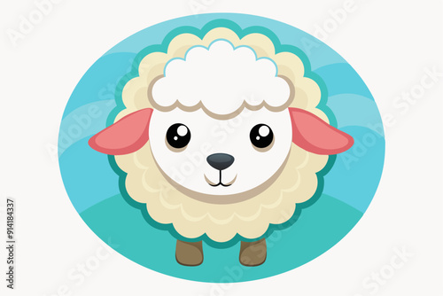 Cute Cartoon Sheep with Big Eyes in a Blue Circle