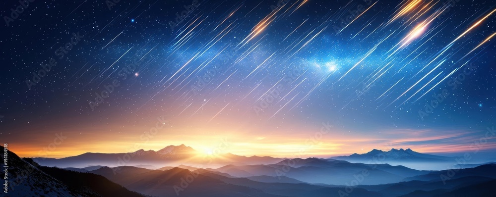 Magical night sky with shooting stars, sunrise over mountains. Magical night sky with shooting stars, sunrise over mountains.