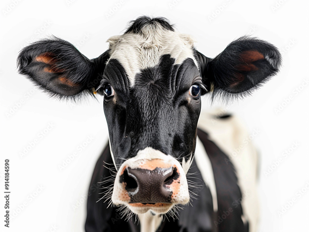 Black and White Dairy Cow Posing for Close-Up Portrait Against Plain Background Black and White Dairy Cow Posing for Close-Up Portrait Against Plain Background