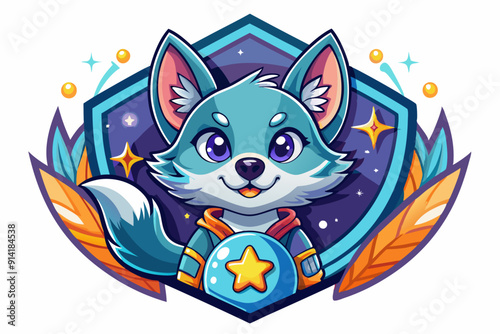 Cute Blue Wolf with Star and Feather Design
