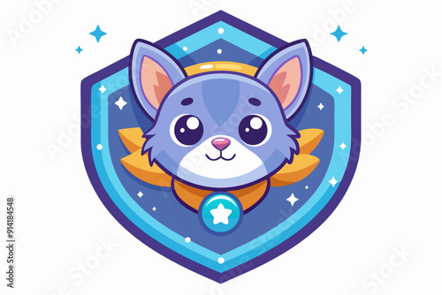 Cute Cartoon Cat with Big Eyes in a Shield with Stars