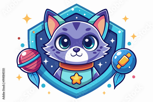 Cute Cartoon Cat in Space with Star and Planets