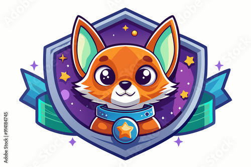 Cute Orange Fox in a Space-Themed Shield with Stars and a Blue Ribbon