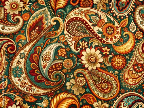 Ornate vintage paisley seamless pattern, floral swirls on intricate decor background