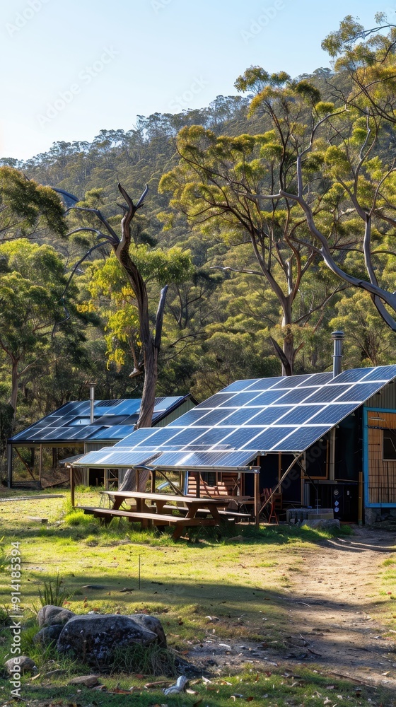 Fototapeta premium A cabin with solar panels nestled in a green forest setting, showcasing eco-friendly energy use in a serene environment