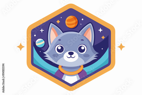 Cute Cartoon Wolf Astronaut in Space Badge
