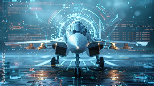 concept of aviation technology advancement, military aircraft with digital radar interface 