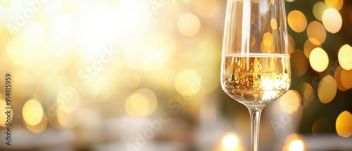 Glass of champagne with golden bokeh background