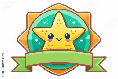 Cute Cartoon Starfish with Banner in Sunburst Frame