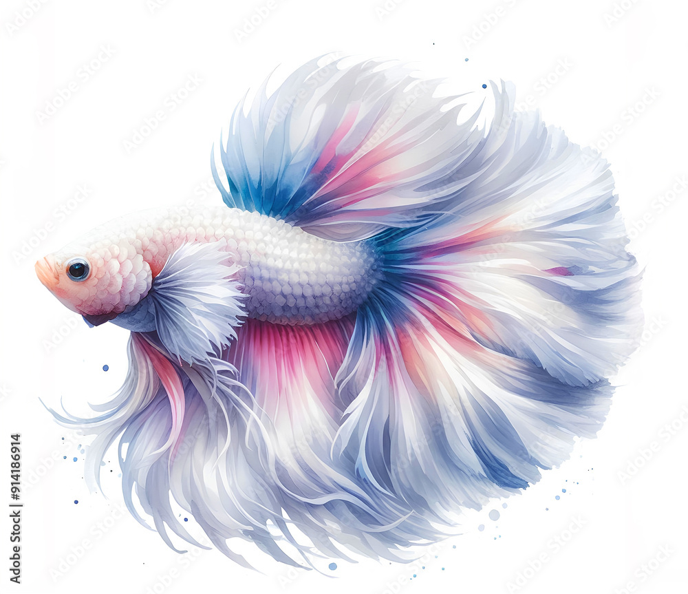 Fototapeta premium Beautiful watercolor painting of a white Siamese fighting fish, also known as a fighting fish.