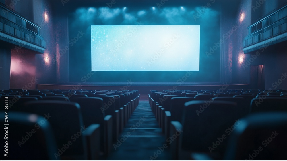 Close-up of theater screen, slight glow with a hint of a scene, empty seats in the foreground, front row perspective. Close-up of theater screen, slight glow with a hint of a scene, empty seats in the foreground, front row perspective.