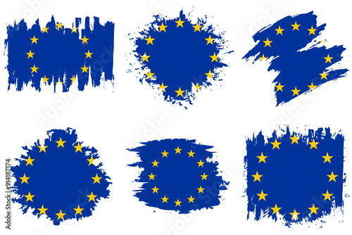 EU Europe Union flag icons set, Grunge brush splash texture emblem with drops	