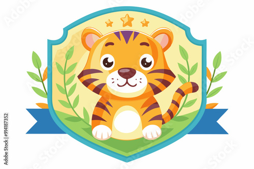 Cute Cartoon Tiger Inside a Shield with Stars