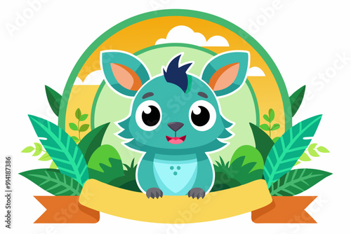 Cute Green Cartoon Animal with Banner and Leaves
