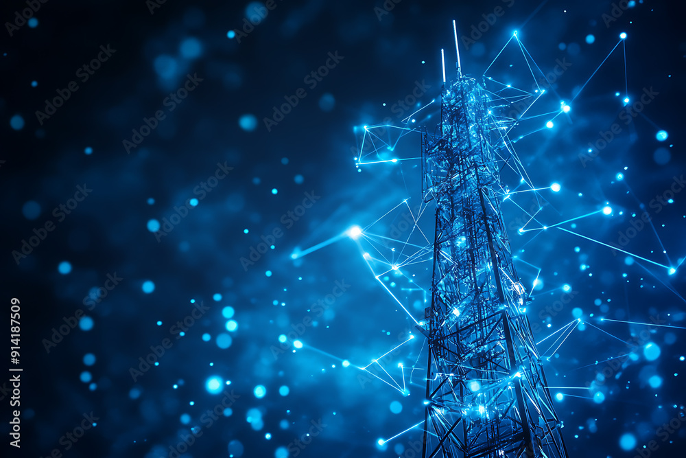 An abstract digital background featuring a 5G tower, highlighted by connecting data points in blue and black colors An abstract digital background featuring a 5G tower, highlighted by connecting data points in blue and black colors