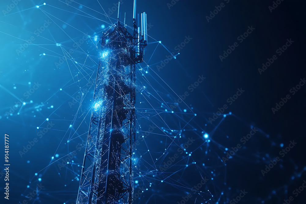 An abstract digital background featuring a 5G tower, highlighted by connecting data points in blue and black colors An abstract digital background featuring a 5G tower, highlighted by connecting data points in blue and black colors