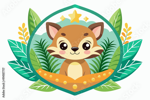 Cute Cartoon Fox Surrounded by Green Leaves and Yellow Flowers