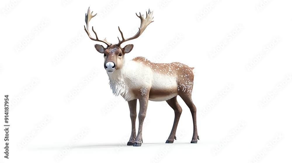 Fototapeta premium A reindeer with large antlers walks on a white background.