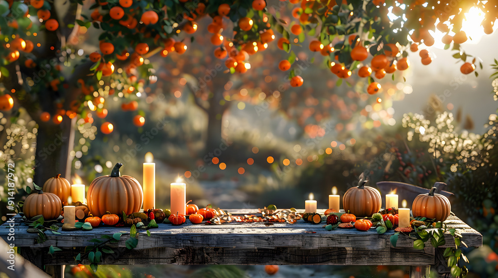 Thanksgiving table setting outdoors with pumpkins and candles. Autumn home decoration. Thanksgiving table setting outdoors with pumpkins and candles. Autumn home decoration.
