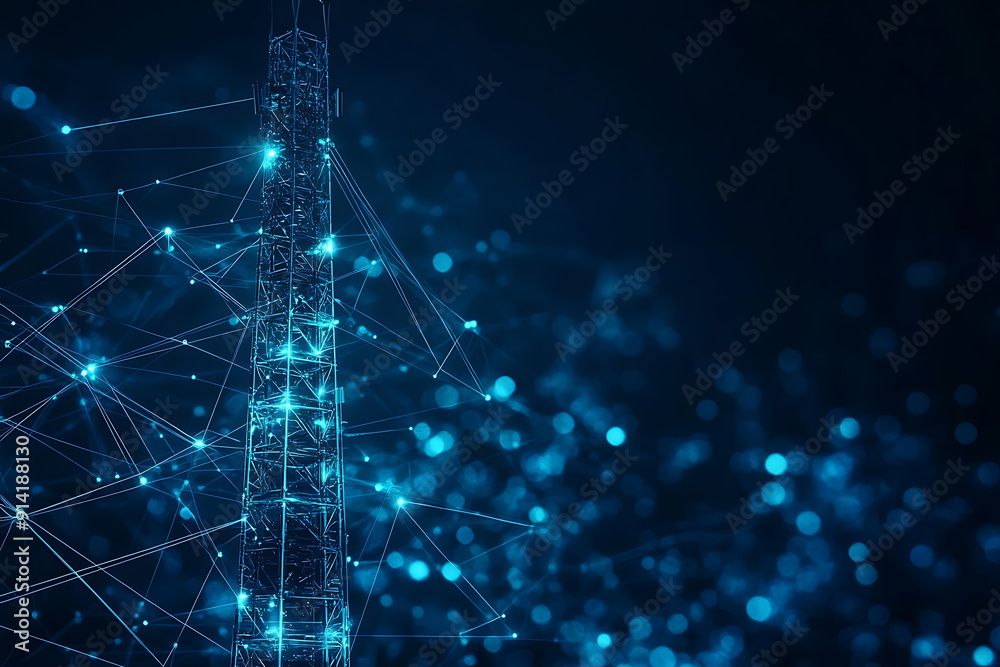 An abstract digital background featuring a 5G tower, highlighted by connecting data points in blue and black colors An abstract digital background featuring a 5G tower, highlighted by connecting data points in blue and black colors