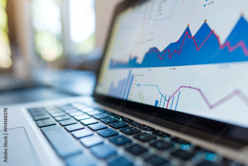 Close up of a 3D graph growing upwards on laptop screen Close up of a 3D graph growing upwards on laptop screen