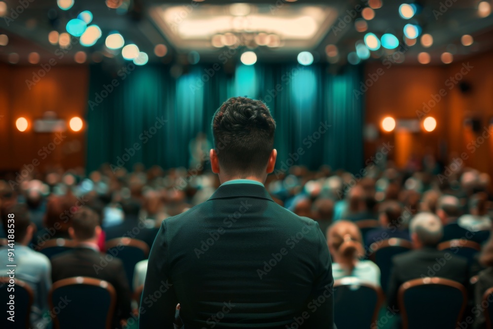 Corporate training session with an expert addressing a room full of employees Corporate training session with an expert addressing a room full of employees