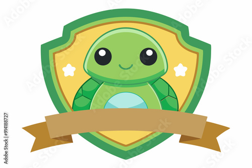 Cute Cartoon Turtle Inside a Green Shield with a Brown Banner