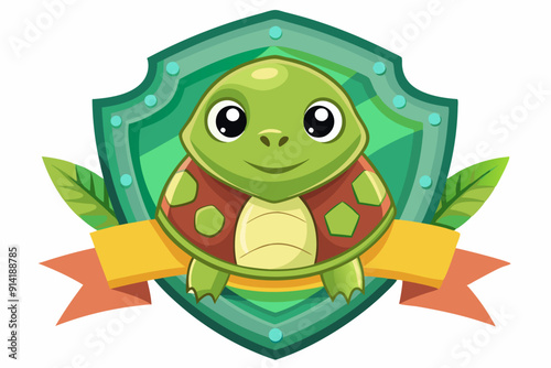 Cute Cartoon Turtle in a Green Shield with a Yellow Ribbon
