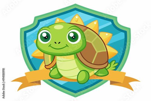 Cute Cartoon Turtle Inside a Shield with Banner