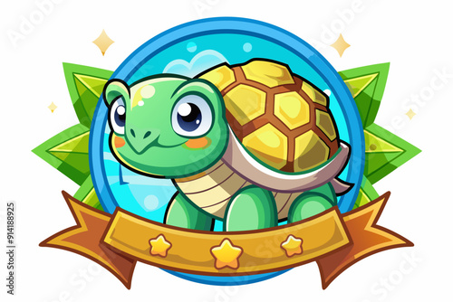 Cartoon Turtle with Shell, Green Body, and Blue Circle Background
