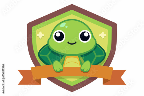 Cute Cartoon Turtle in a Shield with a Ribbon Banner