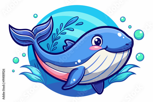Cartoon Blue Whale with Cheerful Expression in Ocean Scene